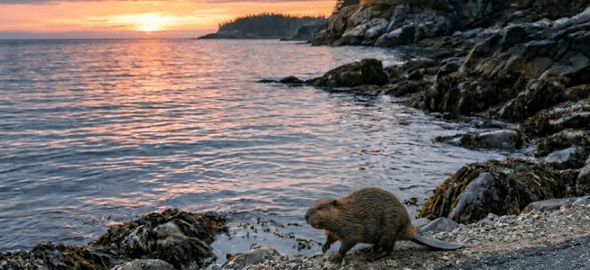 Beaver sitting on rocky shore by water at sunset with forest in background